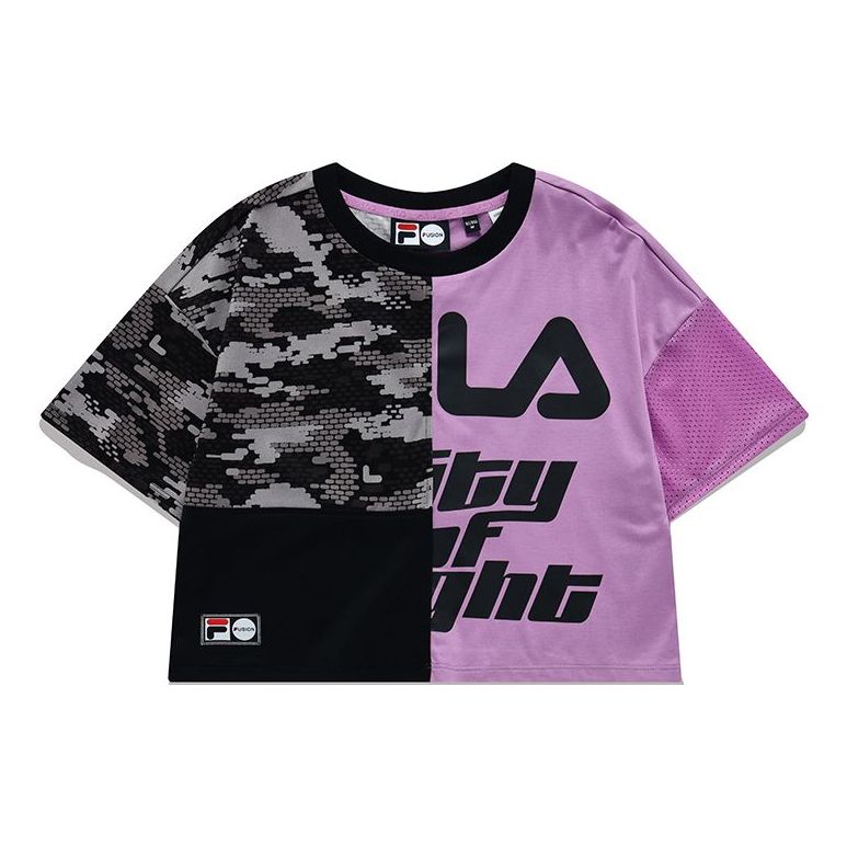 FILA FUSION Logo Printing Splicing Round Neck Loose Short Sleeve Black T11W136101F-VT