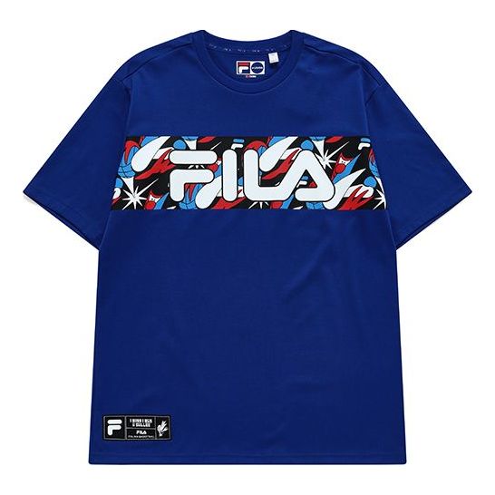 Men's FILA FUSION Contrasting Colors Logo Printing Basketball Sports Loose Short Sleeve Blue T11M135106F-BU