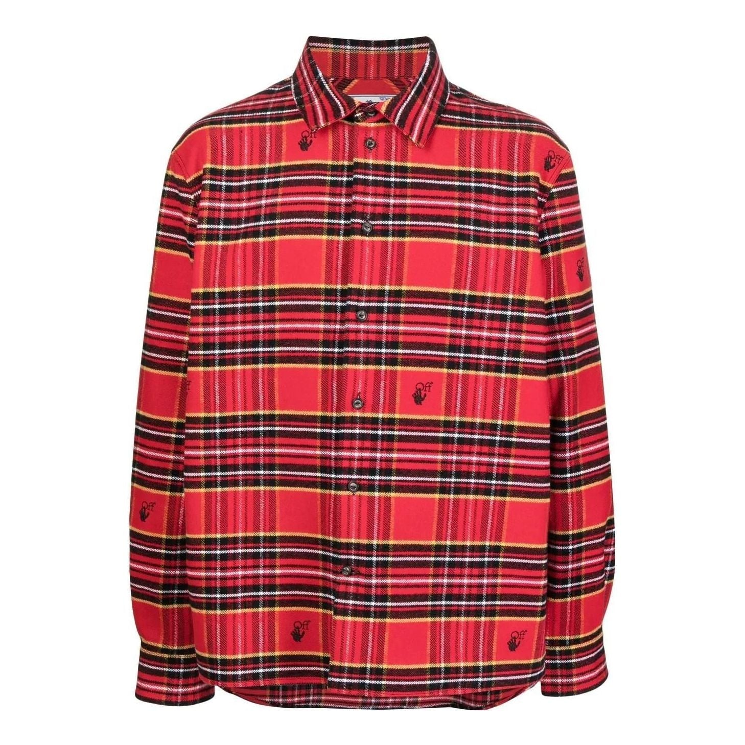 Men's Off-White SS22 Plaid Logo Embroidered Lapel Long Sleeves Loose Fit Red Shirt OMGA227S22FAB0022510