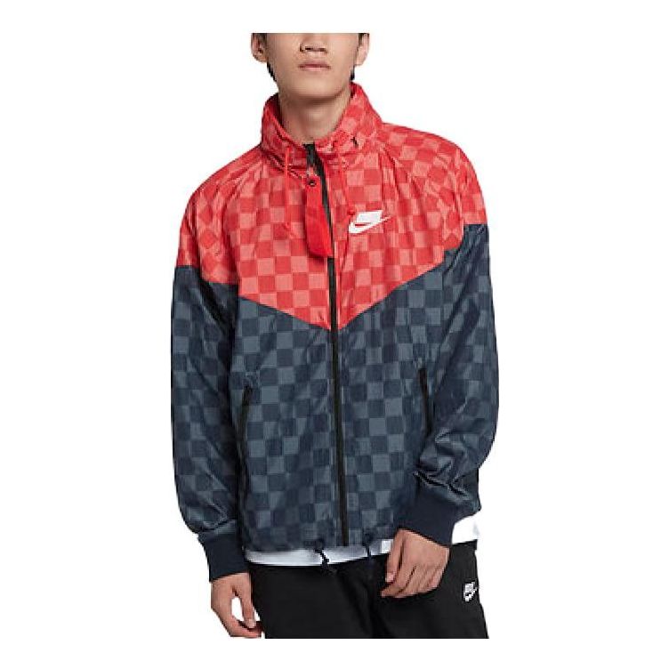 Men's Nike Colorblock Plaid Zipper Hooded Jacket Black Red AR1959-475
