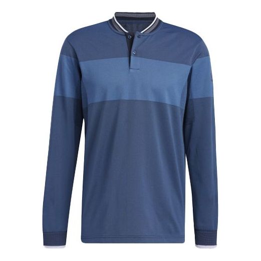 Men's adidas Sports Colorblock Pullover Long Sleeves Double Buckle Blue Polo Shirt GU5084