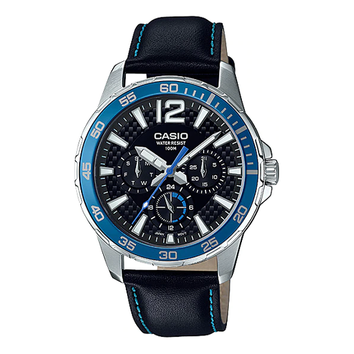 Men's CASIO Quartz 100 Meter Waterproof Date Display Regular Timing 41mm Leather Strap Watch Mens Blue Analog MTD-330L-1A2VDF