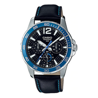 Men's CASIO Quartz 100 Meter Waterproof Date Display Regular Timing 41mm Leather Strap Watch Mens Blue Analog MTD-330L-1A2VDF