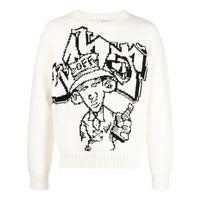 Men's Off-White FW22 Pattern Intarsia Knit Round Neck Long Sleeves Wool Sweater Loose Fit White OMHE136F22KNI0020310