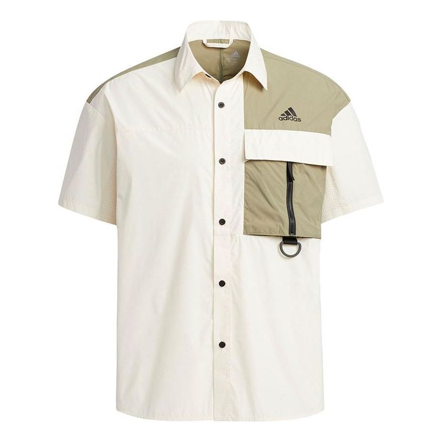 Men's adidas Colorblock Pocket Logo Loose Sports Short Sleeve Shirt Beige H13777