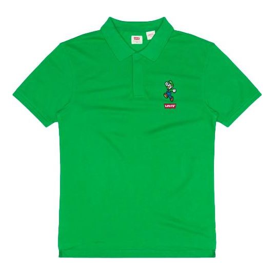 Men's Levis x SUPER MARIO Crossover Cartoon Embroidered Short Sleeve Polo Shirt Green 85631-0008