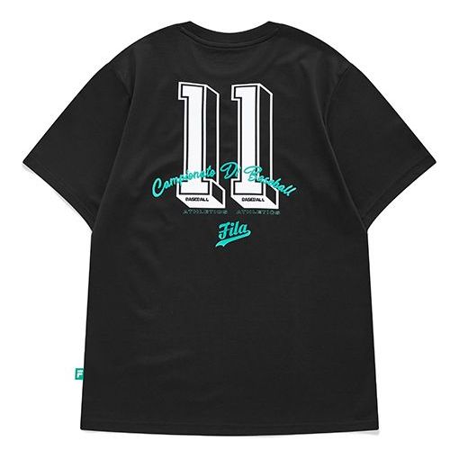 Men's FILA FUSION Baseball Sports Printing Round Neck Short Sleeve Dark Black T-Shirt T11M132105F-BK