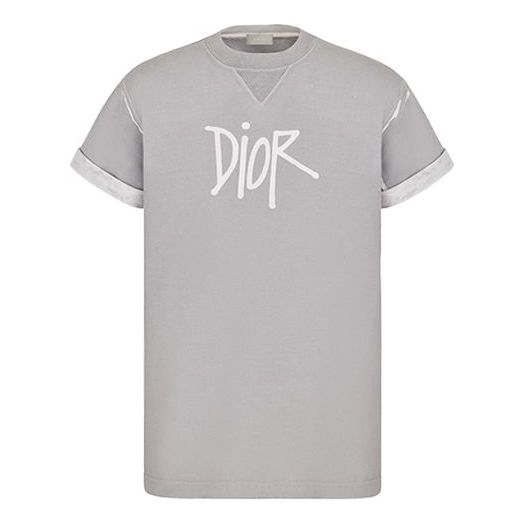 DIOR And Shawn Stussy Collaborative Letter Logo Print Oversized Short Sleeve For Men Grey 033J625E0554-C800