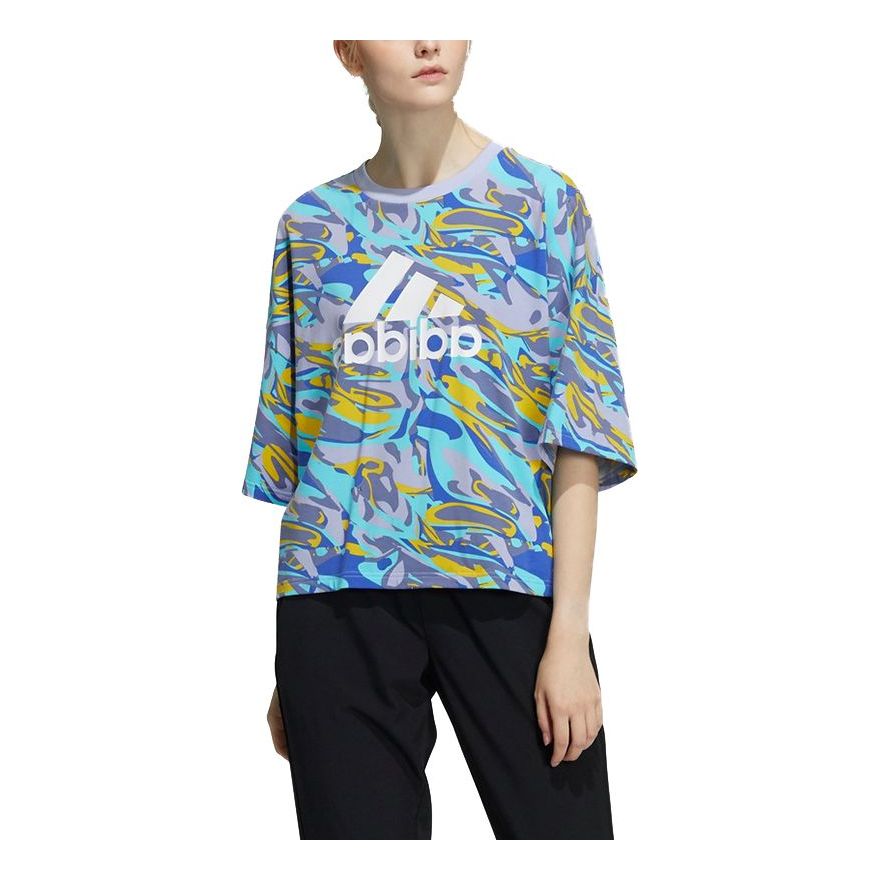(WMNS) adidas Str T Aop Logo Printing Sports Short Sleeve Blue H09703