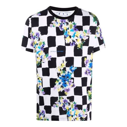 Off-White SS21 Cotton Flowers Plaid Short Sleeve Black White T-Shirt OMAA027S21JER0268400