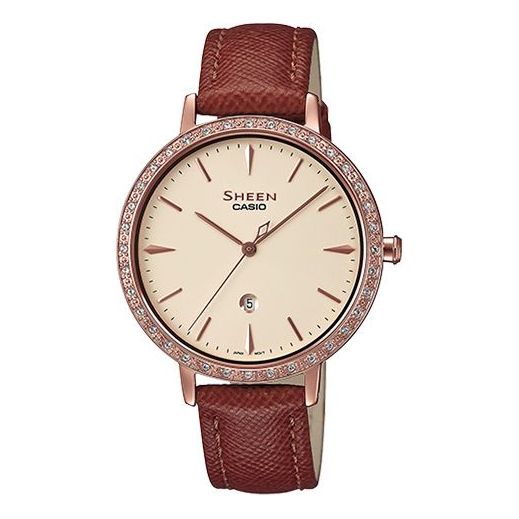 CASIO SHEEN Series Leatheres Watches Blue/Creamy/White Waterproof Sapphire Crystal CreamWhite Analog SHE-4535YGL-9A