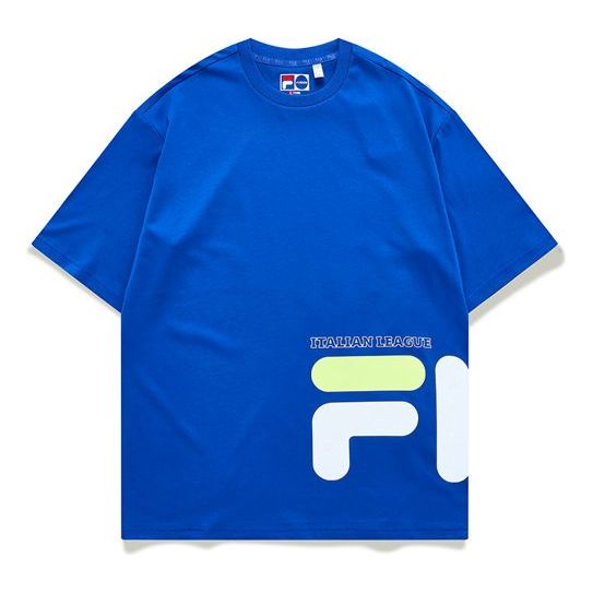 Men's FILA FUSION Contrasting Colors Logo Printing Loose Knit Sports Short Sleeve Blue T-Shirt T11M122114F-BU