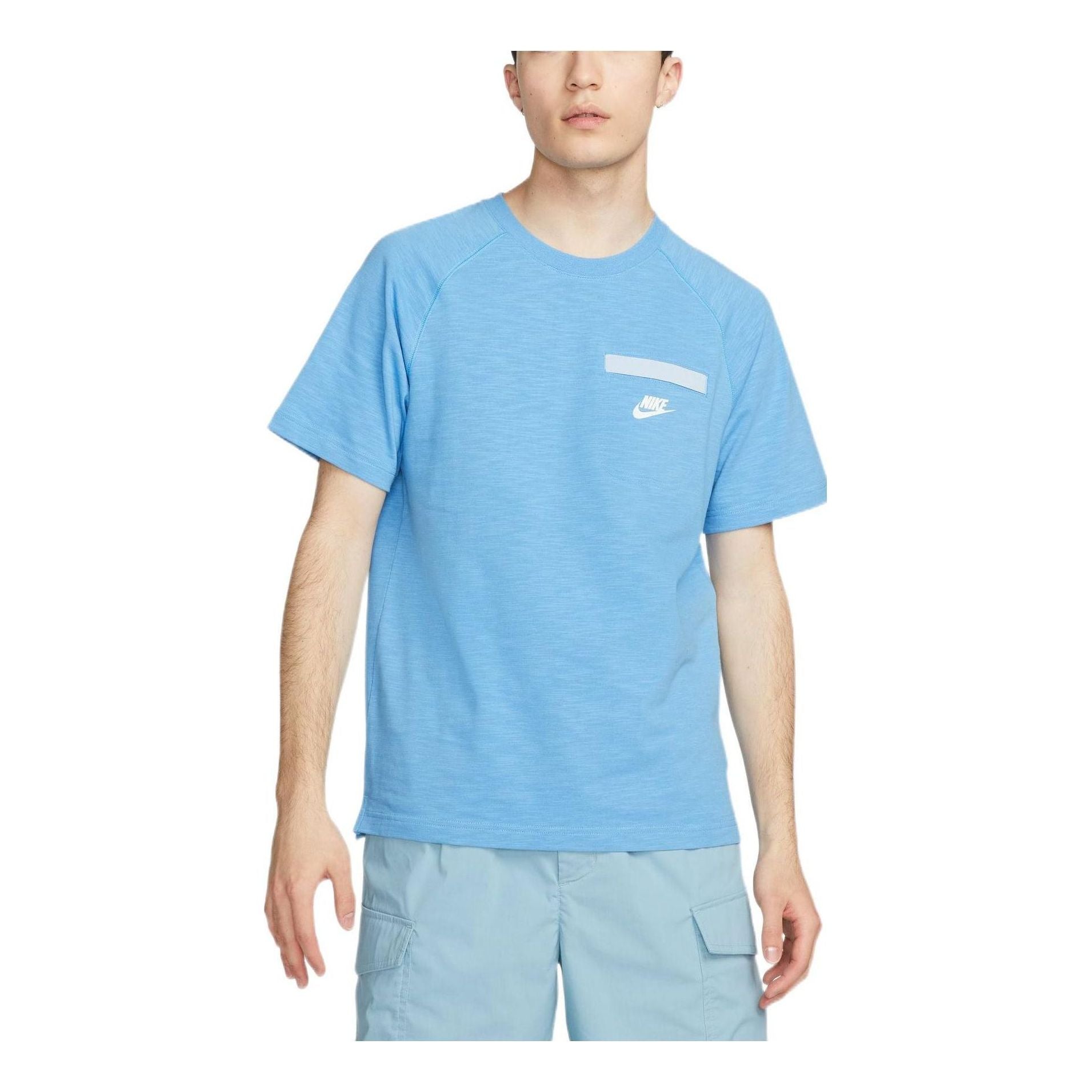 Nike Solid Color Chest Pocket Round Neck Casual Short Sleeve Blue DQ2414-462
