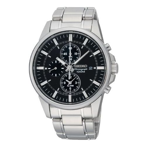 Men's SEIKO Quartz Business Casual Sports Black Dial Silver Strap Watch SNAF03J1