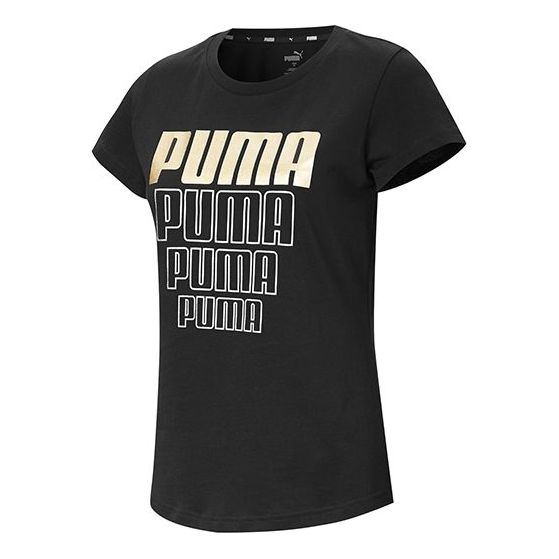 (WMNS) PUMA Bronzing Alphabet Logo Printing Round Neck Short Sleeve Black 583868-51