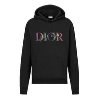 Men's DIOR SS21 Flowers Logo Embroidered Printing Loose Classic hooded Sports Black 113J688A0531-C984