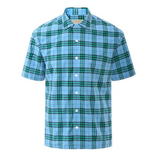 Men's Burberry Plaid Casual Short Sleeve Shirt Blue Green Plaid 80010391