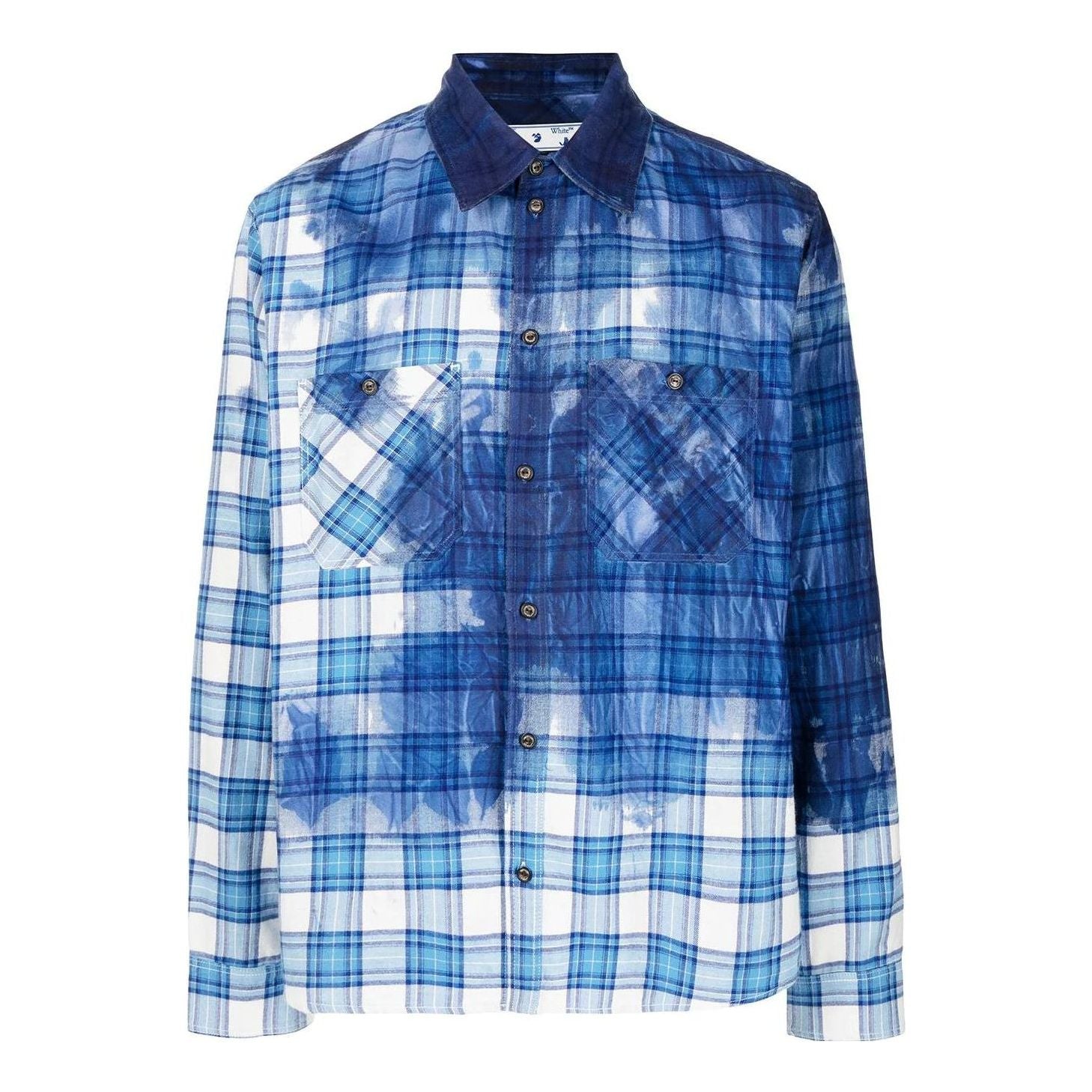 Men's Off-White FW22 Paint Splash Effect Plaid Long Sleeves Blue Shirt OMGA133G21FAB0010145