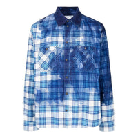 Men's Off-White FW22 Paint Splash Effect Plaid Long Sleeves Blue Shirt OMGA133G21FAB0010145