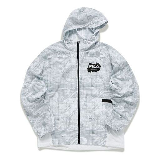 Men's FILA FUSION Logo Printing Plaid Contrasting Colors Woven hooded Jacket White T11M133701F-WT