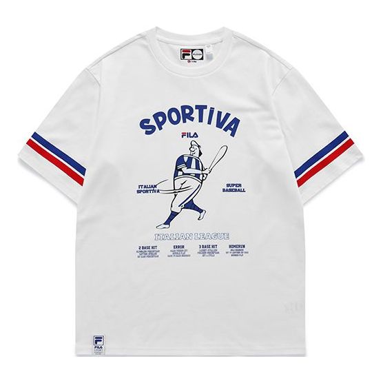 Men's FILA FUSION Baseball Printing Sports Loose Round Neck Short Sleeve White T-Shirt T11M122110A-WT