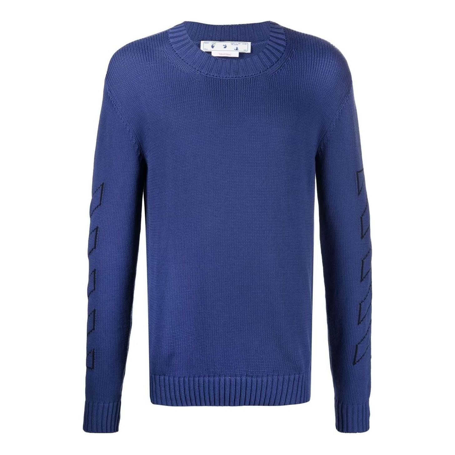 Men's Off-White FW22 Solid Color Logo Embroidered Round Neck Pullover Long Sleeves Wool Sweater Blue OMHE087F22KNI00145464546