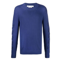 Men's Off-White FW22 Solid Color Logo Embroidered Round Neck Pullover Long Sleeves Wool Sweater Blue OMHE087F22KNI00145464546