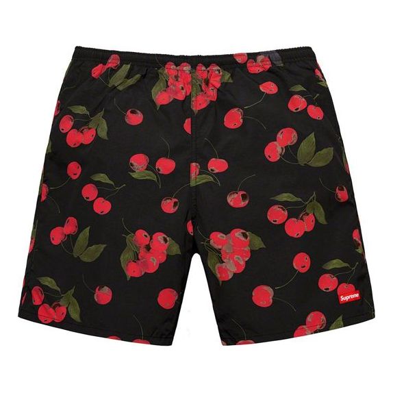 Supreme SS19 Nylon Water Short Cherry Printing Casual Shorts Unisex Black SUP-SS19-10457