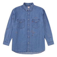 Men's Levis Irregular Embroidered Pattern Lapel Denim Long Sleeves Blue Shirt 85470-0003