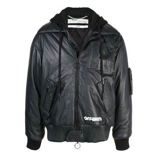 Men's Off-White Logo Printing Pattern Leather Aviator Jacket Black OMJA027E199830140801
