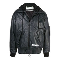 Men's Off-White Logo Printing Pattern Leather Aviator Jacket Black OMJA027E199830140801