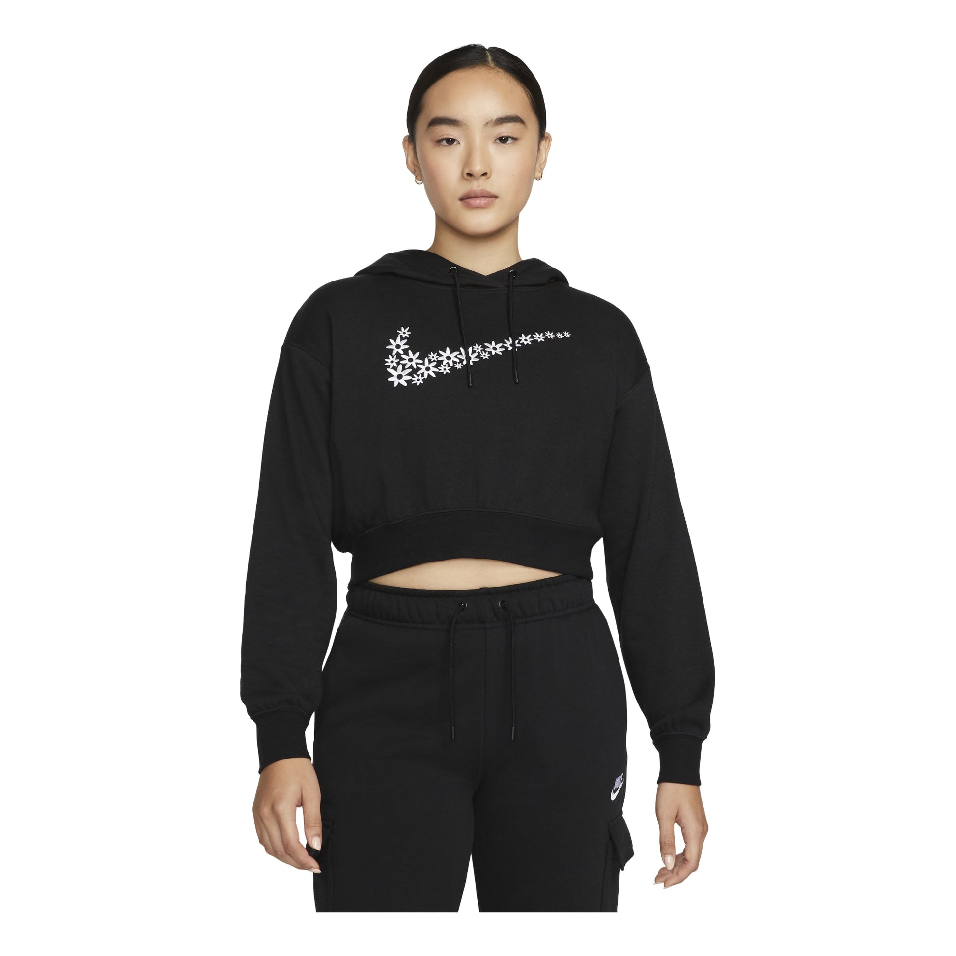 (WMNS) Nike Sportswear Logo Embroidered Loose Fleece Hoodie Black DO7257-010