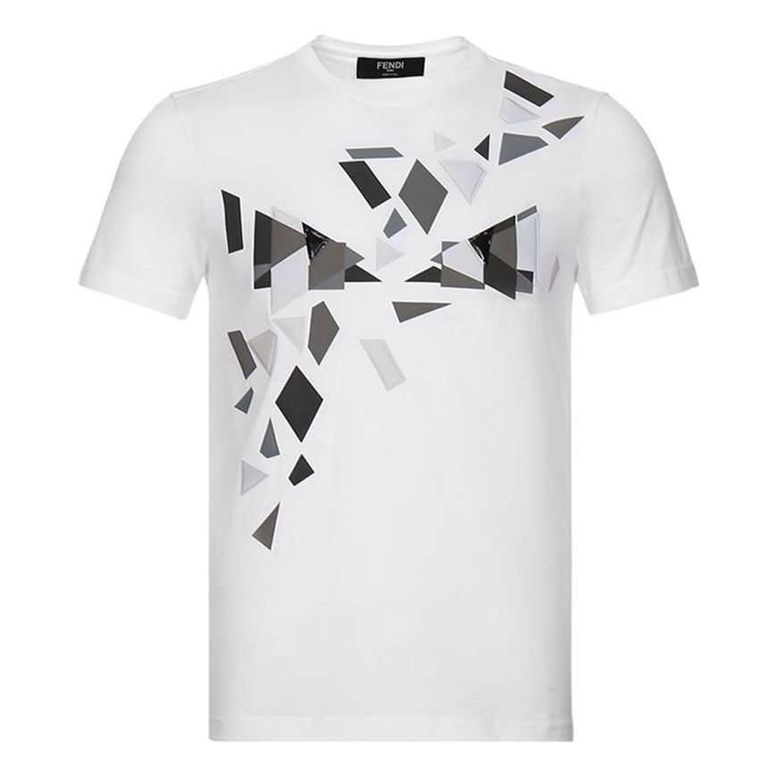 Men's FENDI Geometry Pattern Cotton Round Neck Short Sleeve White T-Shirt FAF532AAY5F0ZNM