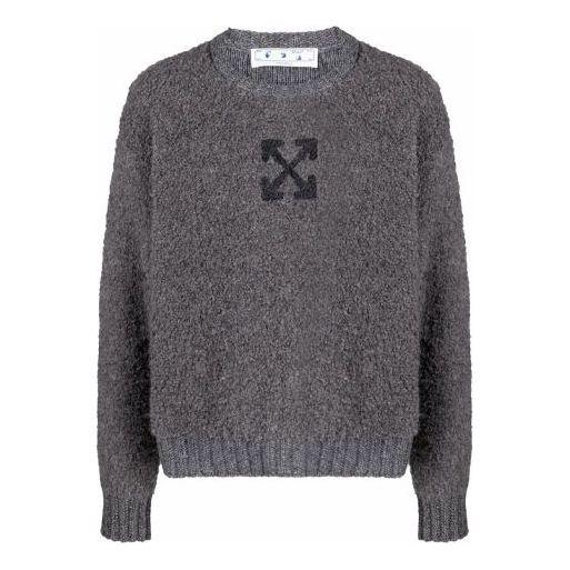 Men's Off-White Arrow Pattern Logo Jacquard Solid Color Wool Sweater Gray OMHE103F21KNI0010909