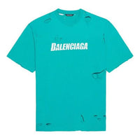 Men's Balenciaga SS21 Alphabet Printing Pattern Hole Round Neck Short Sleeve Green 651795TKVB84661