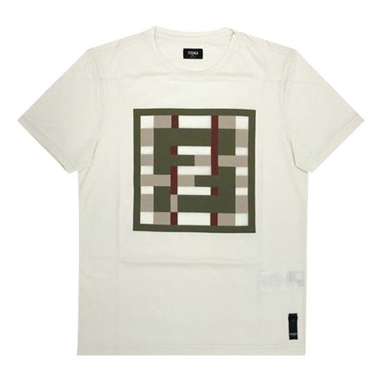 Men's FENDI FF Geometry Pattern Cotton Round Neck Short Sleeve White FY0894ABQY-F0QG1