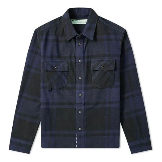 Off-White FW21 Pink Red Arrow Plaid Pattern Long Sleeves Shirt Loose Fit Navy Blue OMGA060R19C080153028