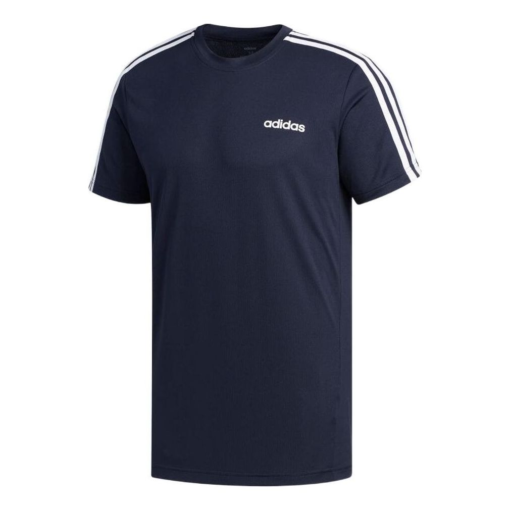 Men's adidas Solid Color Stripe Alphabet Logo Straight Casual Short Sleeve Navy Blue T-Shirt FL0357