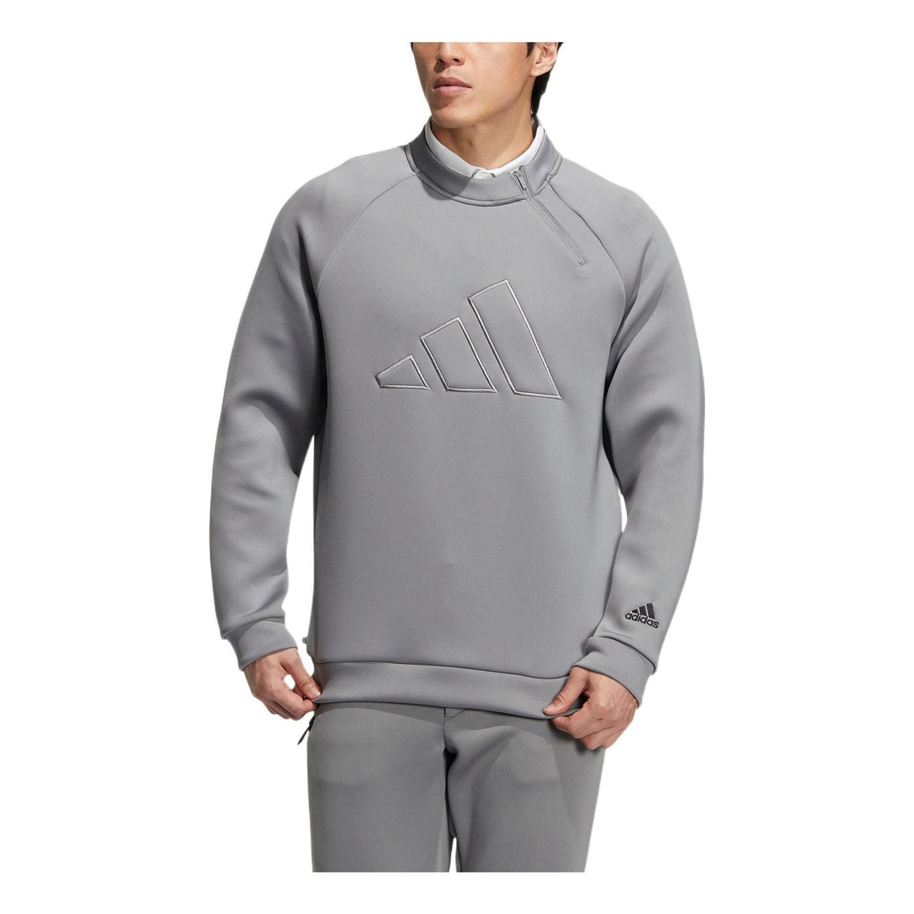 Men's adidas Bos Spcr Sweat Solid Color Large Logo Embroidered Pullover Round Neck Half Zipper Long Sleeves Gray HG8302