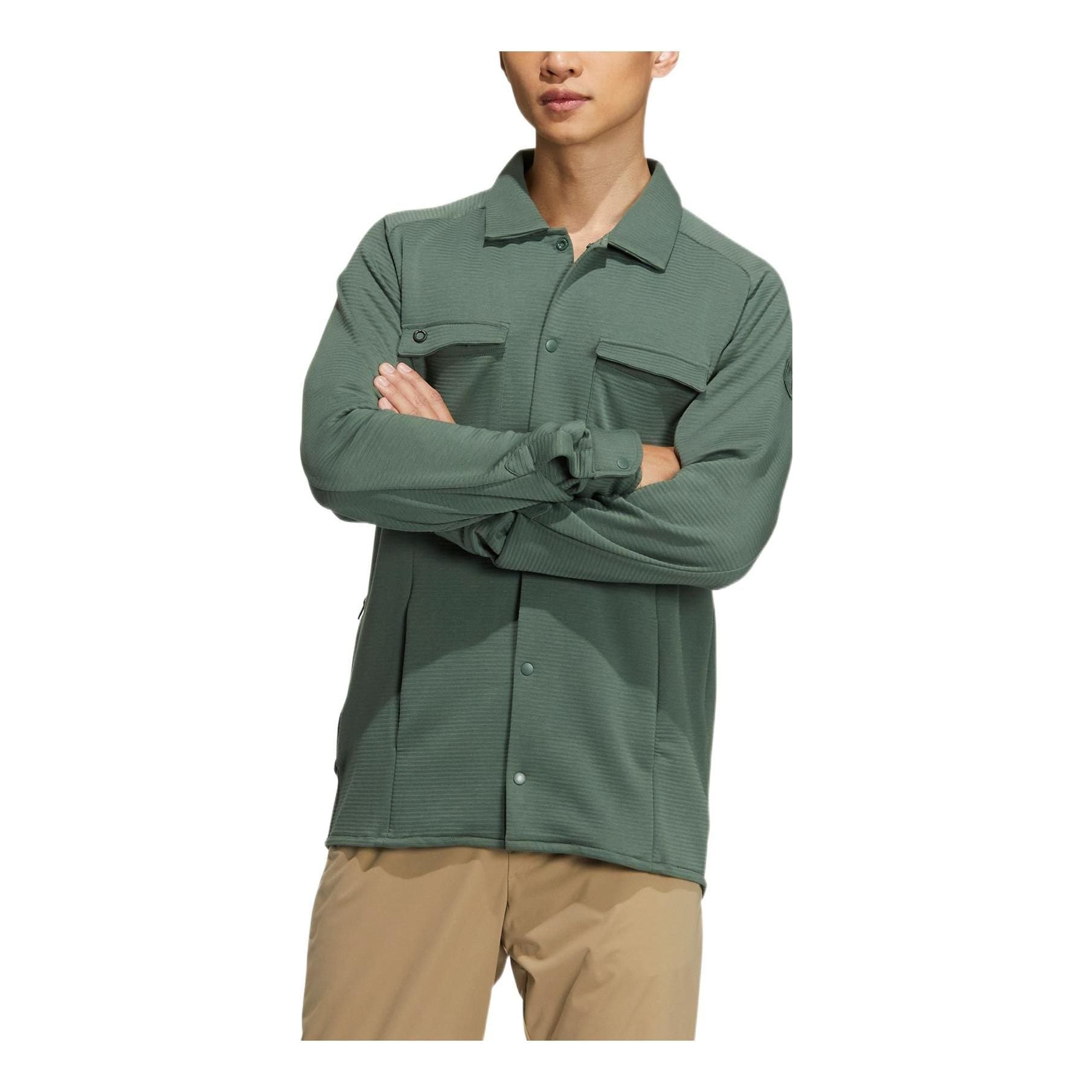Men's adidas Solid Color Pocket Lapel Long Sleeves Light Green Shirt HG3239