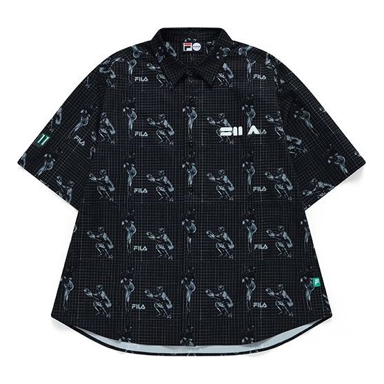 Men's FILA FUSION Pattern Full Print Loose Sports Short Sleeve Vitality Sports Black Shirt T11M132401A-BK