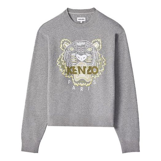 Men's KENZO SS21 Casual Embroidered Tiger Head Round Neck Gray FA65SW1104XA-95