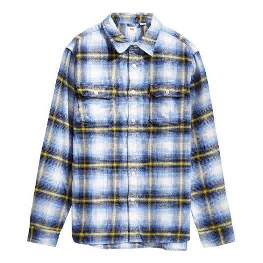 Men's Levis Series Colorblock Plaid Long Sleeves Shirt Blue White Plaid 19573-0121