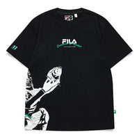 Men's FILA FUSION Baseball Sports Printing Knit Loose Short Sleeve Dark Black T-Shirt T11M132109F-BK