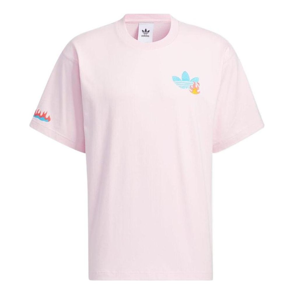 adidas originals Solid Color Cartoon Flame Pattern Printing Round Neck Casual Short Sleeve Pink HM8042