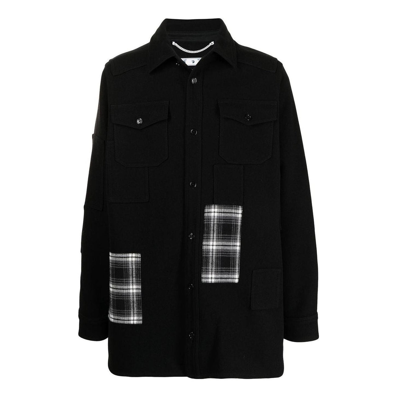 Men's Off-White SS22 Version Logo Printing Plaid Pocket Lapel Jacket Black OMEA227E20FAB0011001