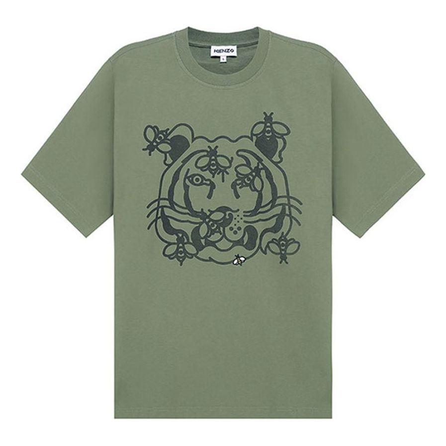 Men's KENZO SS21 Tiger Head Pattern Cotton Round Neck Short Sleeve Green FB55TS0844SB-48