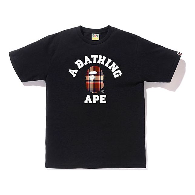 Men's BAPE Plaid Ape Head Pattern Round Neck Short Sleeve Black 0ZXTEM110043E
