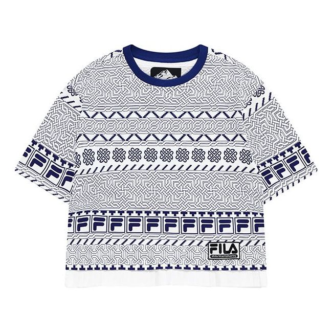 FILA FUSION x WM White Crossover Printing Loose Round Neck Short Sleeve Blue Totem T-Shirt T11W127104F-WT