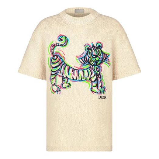 DIOR x KENNY SCHARF SS21 Tiger embroidered knitted Tee M Cream 193M636AT329-C089